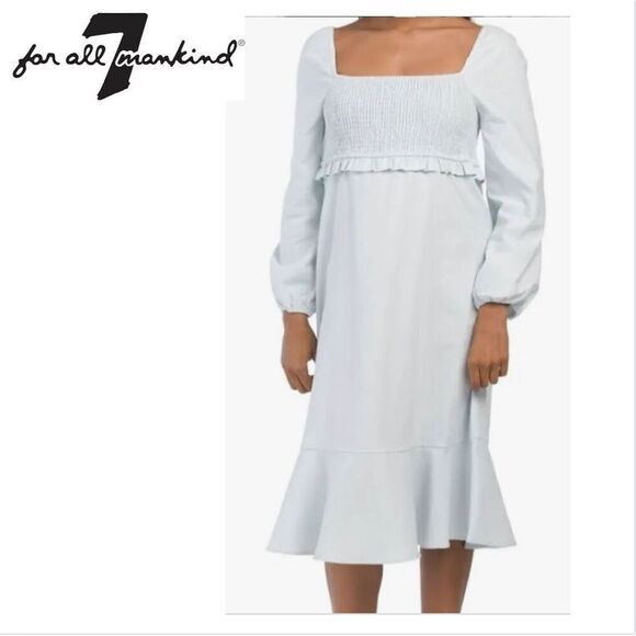 7 For All Mankind Midi Dress Large Light Blue Heavy Linen Smocked Square Neck - Picture 1 of 13